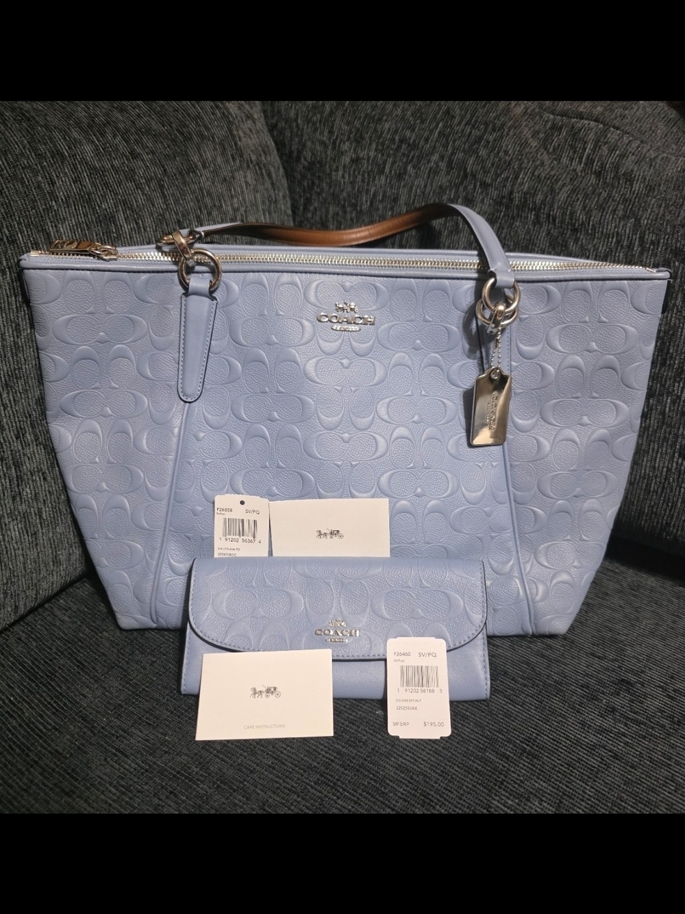 Coach Embossed Ava Tote Bag Light Blue with Matching Wallet